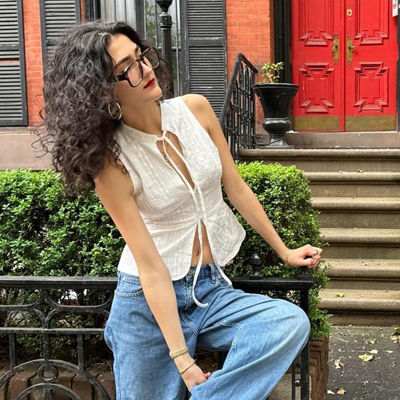 Summer New Fashion Street Style Sexy Navel-Revealing Slim-Fit Tie-Up Sleeveless Tank Top For Women