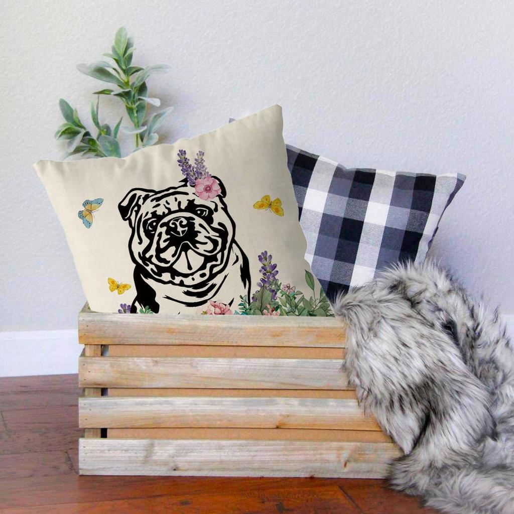 GAGEC Spring Pillow Covers 18x18 Inch English Bulldog Throw Pillowcase Hello Spring Home Sofa Holiday Cushion Case Farmhouse Dog Spring Decorations