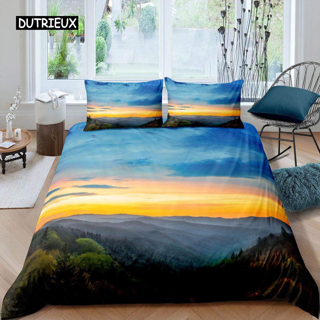 Smoky Mountain Duvet Cover Set Pine Trees Comforter Cover Boys Landscape Quilt Cover Natural Scenery Art Polyester Bedding Set