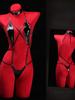Role Play Lingerie Women's Sexy Mesh PU Leather Splicing See-through Slim Hanging Neck Free Temptation Erotic Open Anal Bodysuit