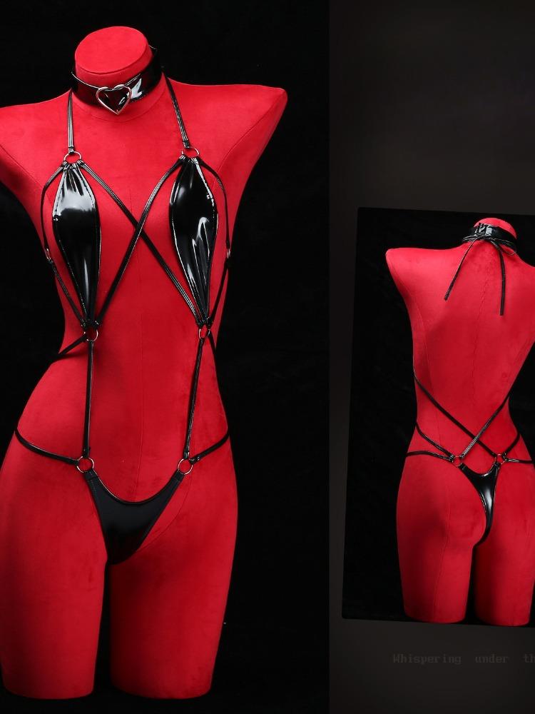 Role Play Lingerie Women's Sexy Mesh PU Leather Splicing See-through Slim Hanging Neck Free Temptation Erotic Open Anal Bodysuit