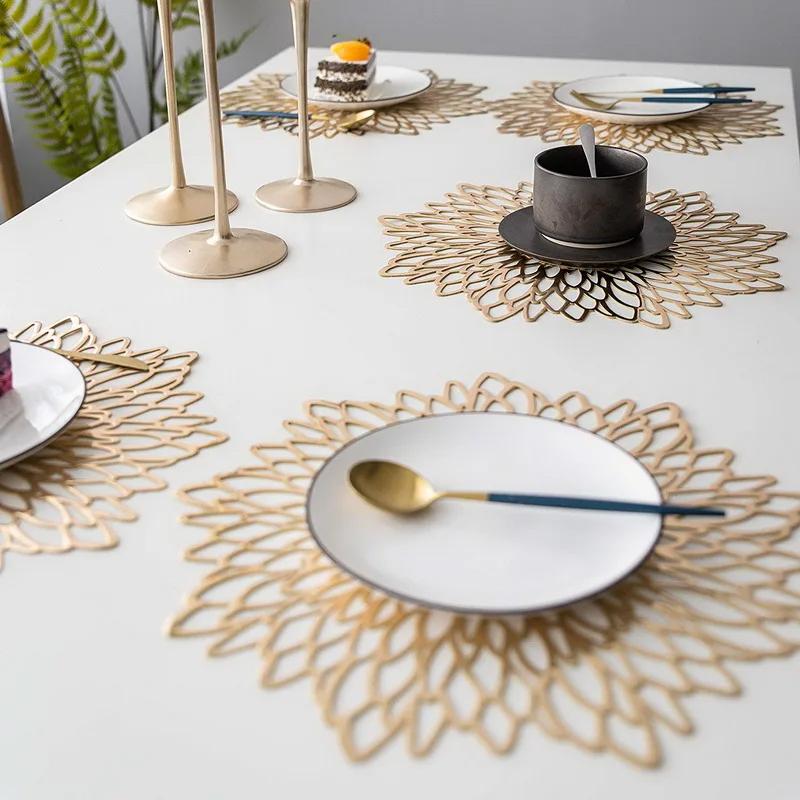 PVC Hibiscus Flower Placemat for Dining Table Hollow Pad Coaster Pads Table Bowl Mats Gold Dining Table Mat Non-slip Insulation