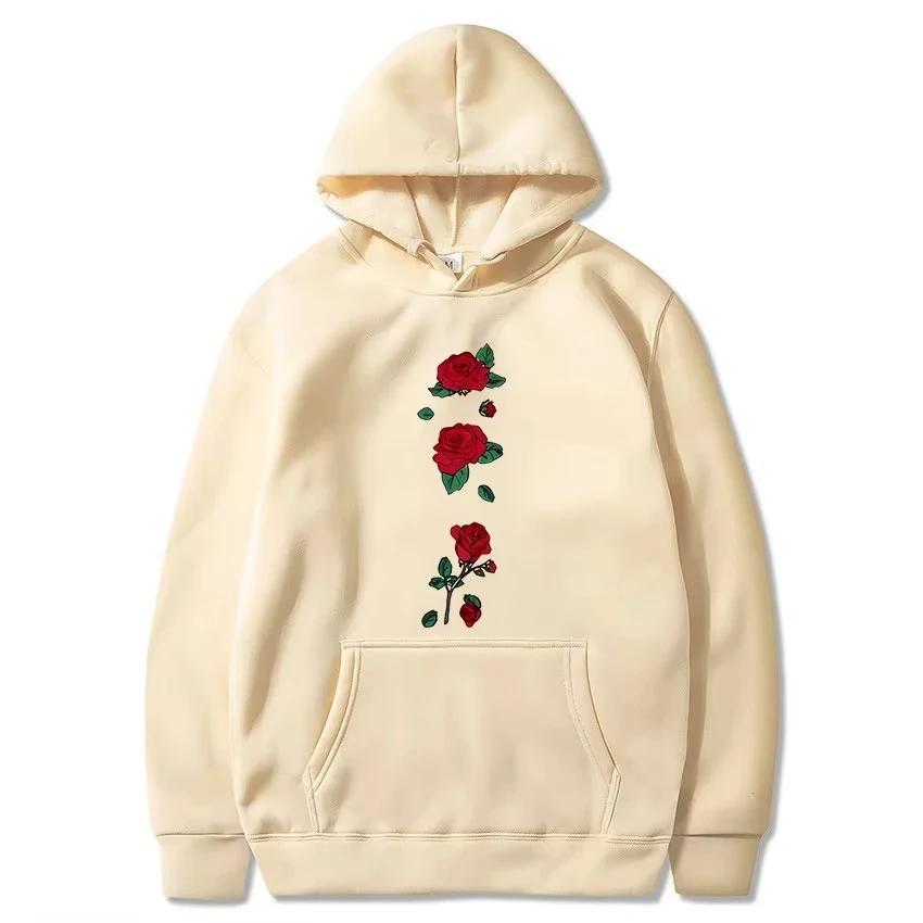 Fashion Trend Leisure5 Rose Flower Print Men's Pullover Autumn and Winter Loose Streetwear Outdoor Sports Sweatshirt