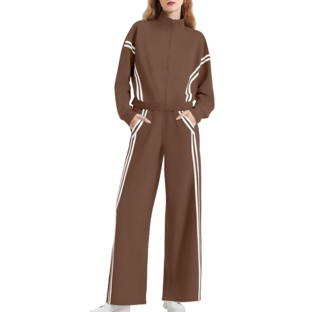 Women's Zip‑Up Stand Collar Striped Side Wide Leg Pants 2‑Piece Tracksuit Set