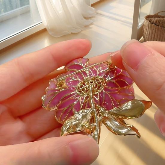 Women Brooch Sparkling Rhinestones Enamel Peony Shape Lapel Pin Suits Coats Bags Scarves Badge Versatile Accessory