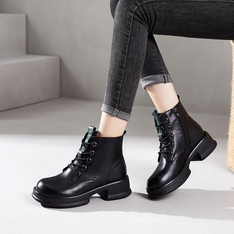 The First Layer of Cowhide Short Boots for Women In the Autumn and Winter of 2025, the New Velvet Thick-soled Casual Leather British Martin Boots F