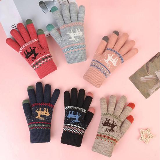 1 Pair Knitted Reindeer Full Finger Gloves Men Women Touch Screen Winter Warm Thick Fleece Gloves Outdoor Cycling Cold Weather Thermal Gloves