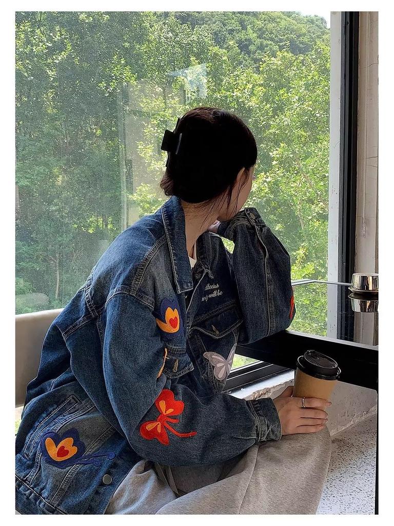 Trendy Unisex Butterfly Washed Denim Jacket - Spring/Autumn Casual Loose Fit