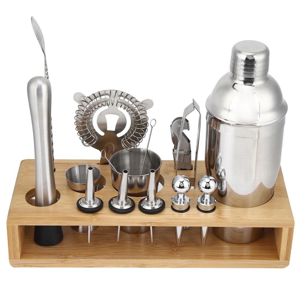16Pcs 304 Edelstahl Cocktail Shaker Bar Set Wein Trinken Mixer mit Bambus Stehen