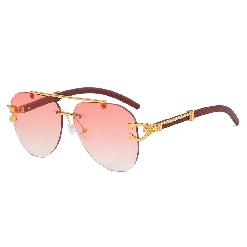 New Retro Frameless Double Beam Oval Women Sunglasses  Personality Wood Grain Leopard Design Trendy Men Casual Glasses Uv400