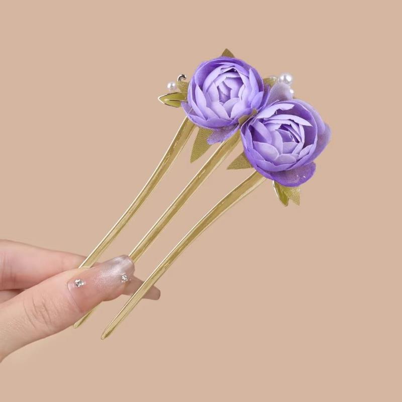 New Chinese Style Peony Beaded Three Teeth Hair Fork Vintage Elegant Bun Hair Accessories