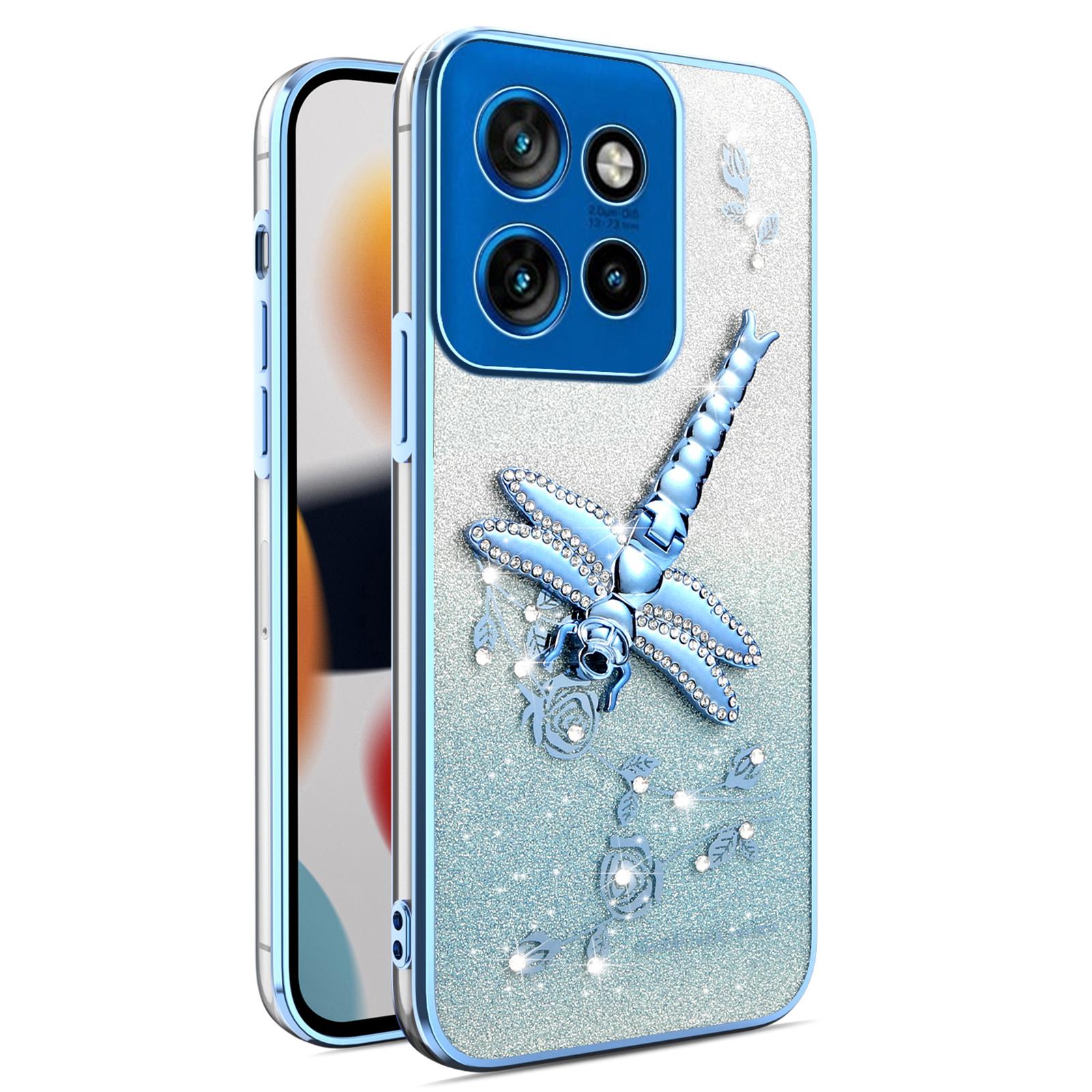 

KADEM For Motorola Edge 50 Neo 5G/Moto S50 5G/Thinkphone 25 5G Case Dragonfly Kickstand TPU Flowers Glitter Phone Cover Blue