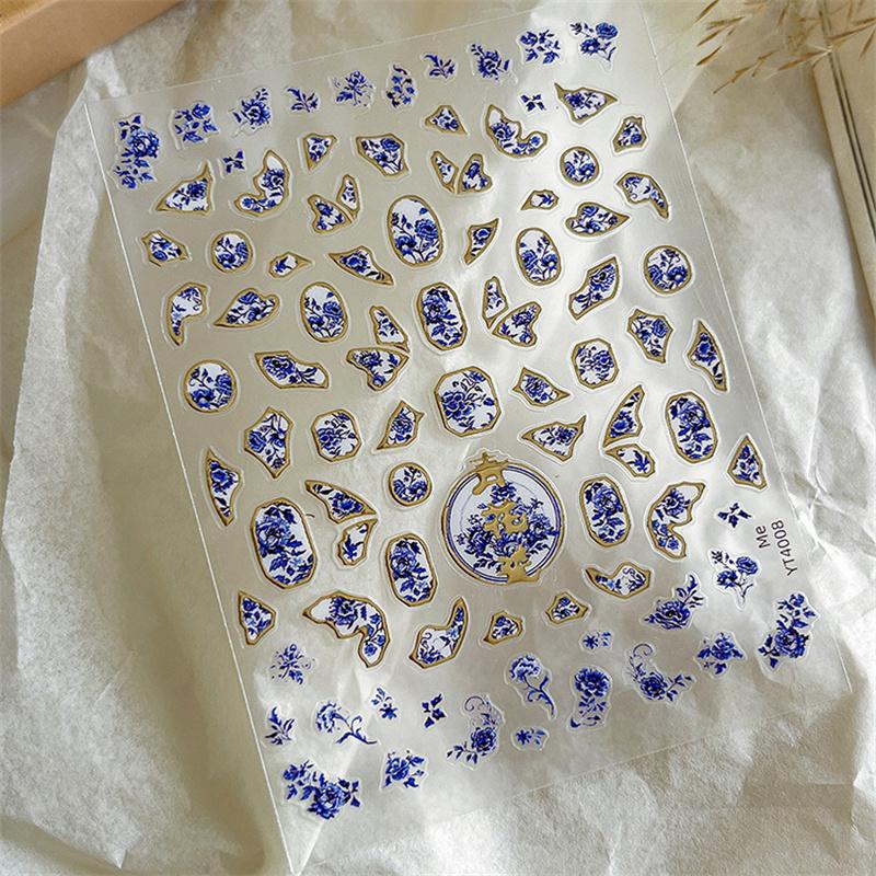 Chinese Style Blue And White Porcelain Nail Sticker Midnight Blue Floral Ceramic Nail Art Decal Slef Adhesive Diy Manicure Salon