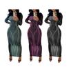 Women Spring Fall Party Dress Slim Fit Striped Print Maxi Dress Skinny Sheath Long Sleeve Elastic Round Neck Soft Thin Ankle Length Lady Dress