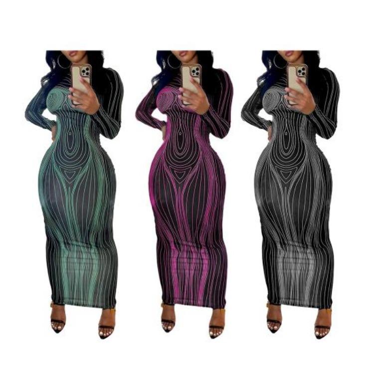 Women Spring Fall Party Dress Slim Fit Striped Print Maxi Dress Skinny Sheath Long Sleeve Elastic Round Neck Soft Thin Ankle Length Lady Dress