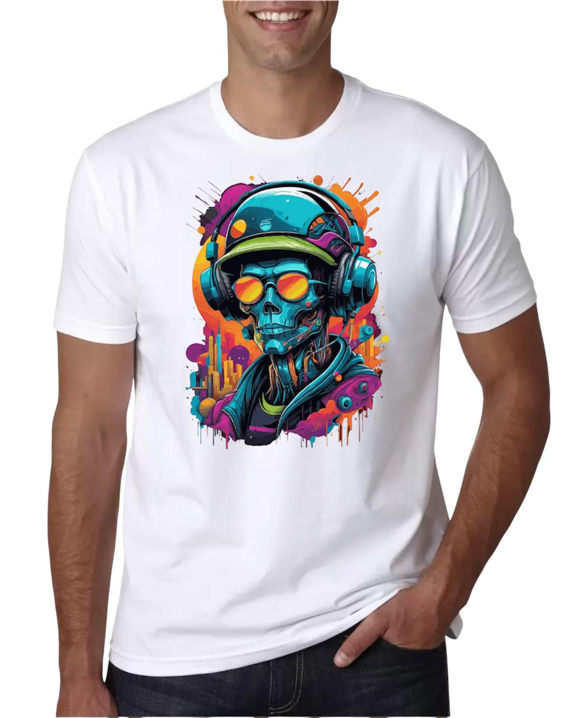 Cyberpunk Skull Headphones Graphic T-Shirt Neon Street Art Tee S разноцветный
