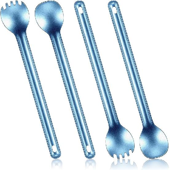 Minatee 4 Pieces Titanium Long Handle Spork and Spoon 8.4 Inch Ultralight Portable Flatware Lightweight Soup Spoon Camping Spork Utensil for Outdoor