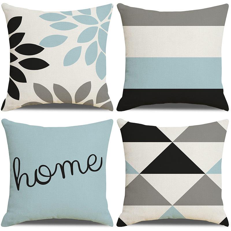 Nordic Simple Pillow Ins Blue Geometric Linen Cotton and Linen Sofa Car Polyester and Linen Pillow Cushion Cover