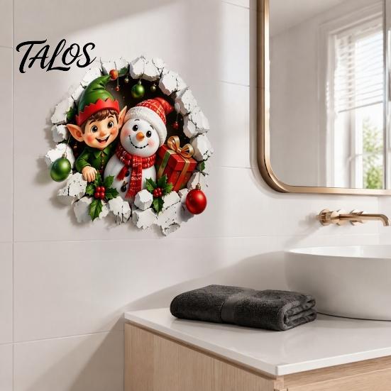 Holiday Bathroom Wall Sticker Christmas Crack Toilet Seat Cover Sticker, Cute 3D Elf Boy Snowman Broken Waterproof Restroom Art Through Tank Lid Decal