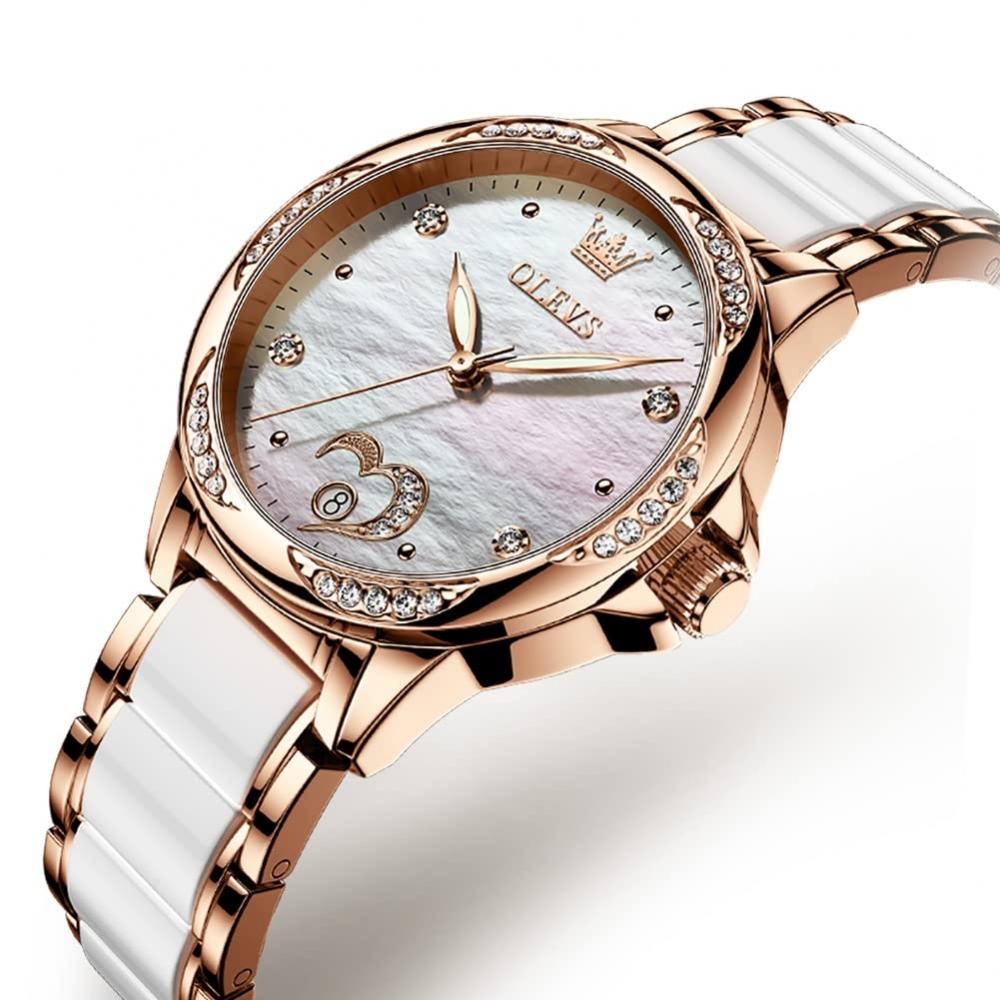 OLEVS Women's Watch Popular Hand Watch Women's Waterproof Ceramic Pink Gold Mechanical Date Bracelet Present Women White Watch for Women