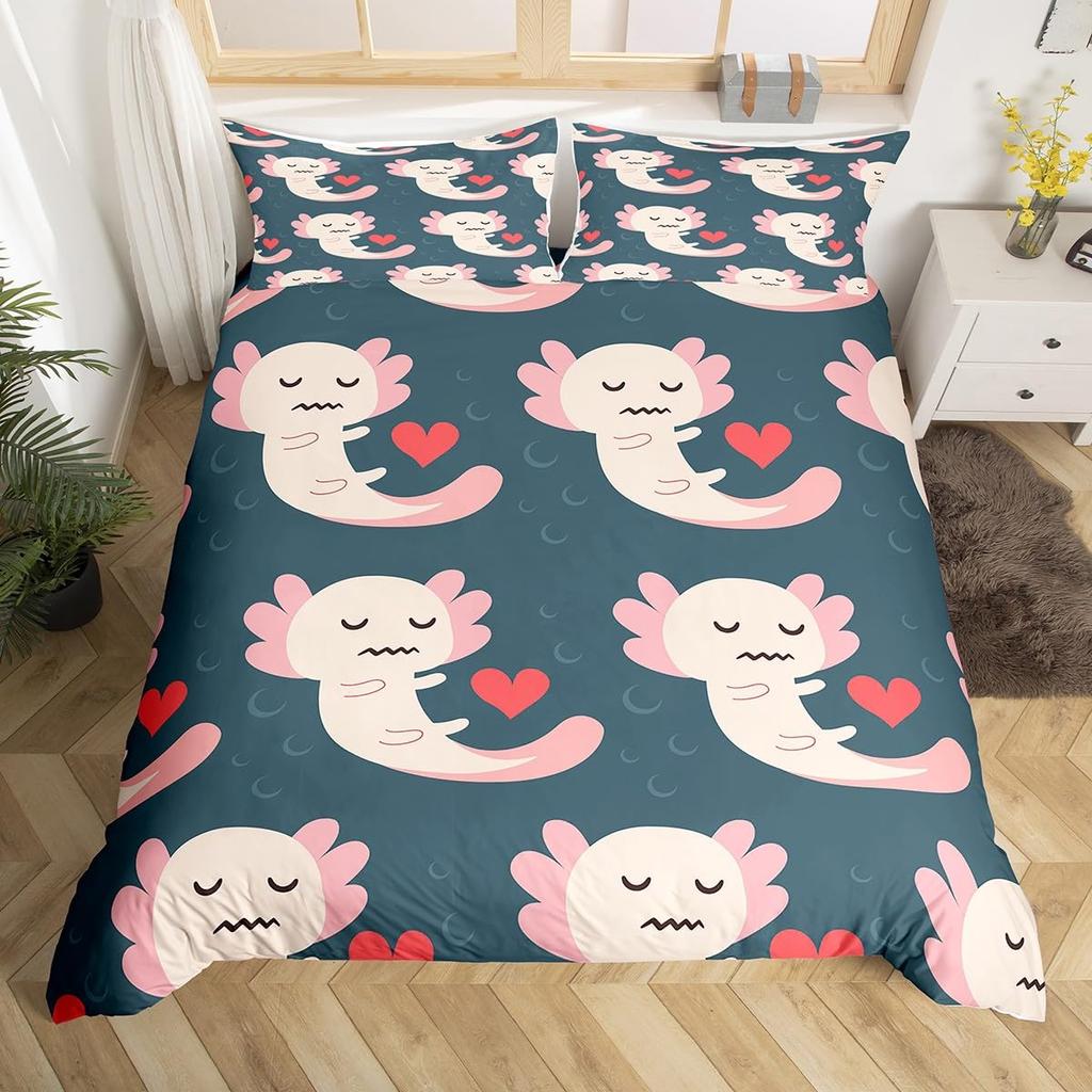 Cartoon Axolotl Bettbezug Queen Size, Sonnenblumen Bettwäscheset Niedliches Tier Botanisch Bettdeckenbezug Aquarell Gelb Steppdeckenbezug