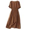 Short-sleeved round neck simple cotton and linen dress for women's 2025 summer new loose waist and thin dress