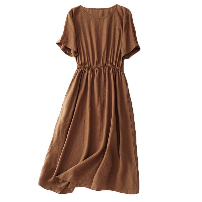 Short-sleeved round neck simple cotton and linen dress for women's 2025 summer new loose waist and thin dress