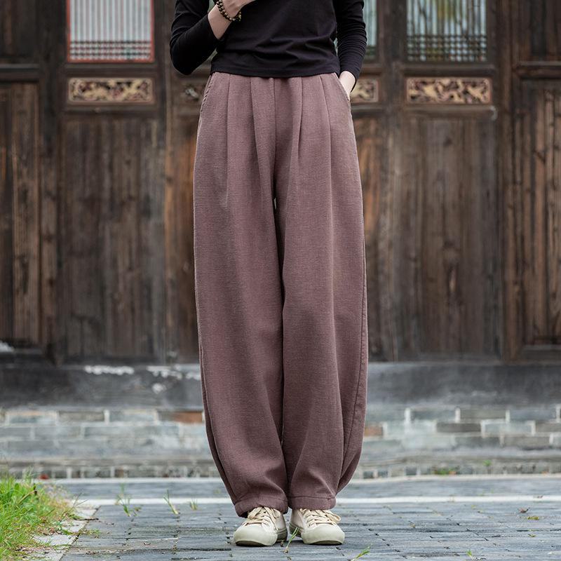 "Pantalones Farol de Algodón y Lino para Mujer": Otoño/Invierno, Lavado a la arena, Corte ajustado, Grueso con terciopelo."