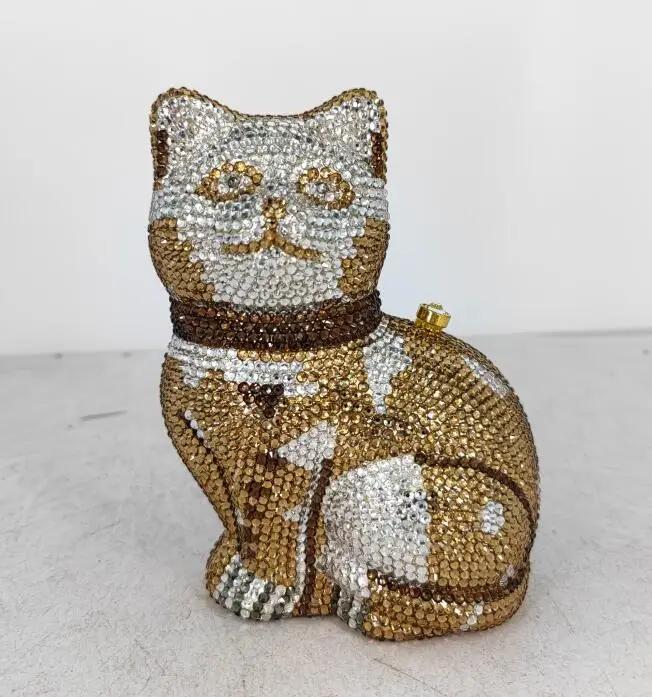 Boutique De FGG Black Cat Shape Women Crystal Clutch Evening Bags Rhinestone Clutch Minaudiere Handbag Party Wedding Purse