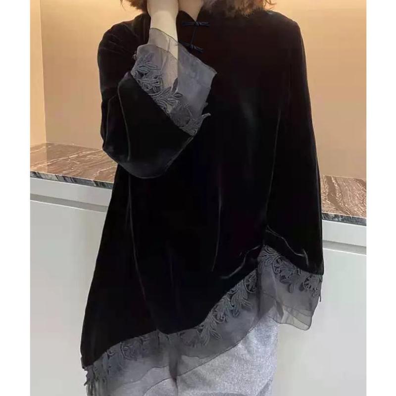 New Spring and Autumn Chinoiserie Style Stand Collar Button Slant Placket Lace Jacquard Long Sleeve Velvet Cheongsam Top