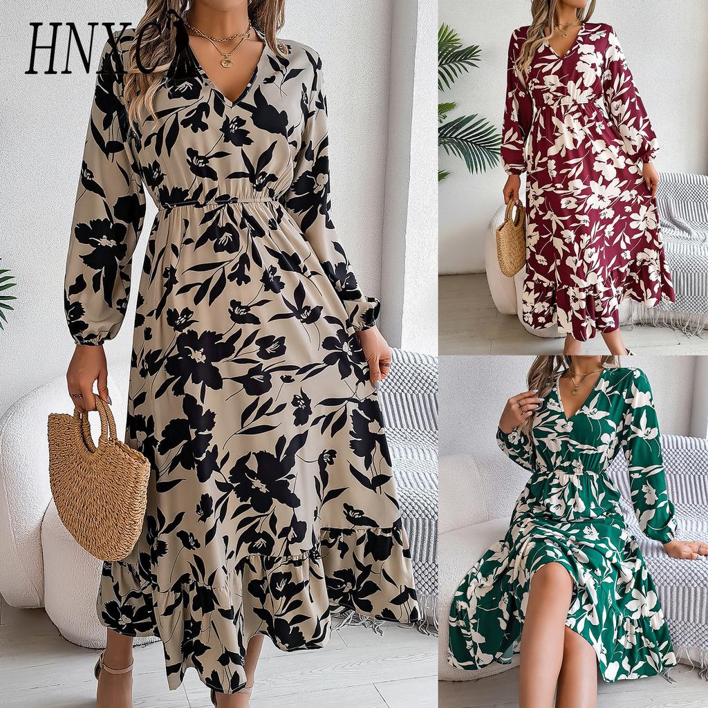 HNXC Autumn and Winter Casual Flower-shaped Waist-cinching Long-sleeved Ruffled Dress Women's Wear