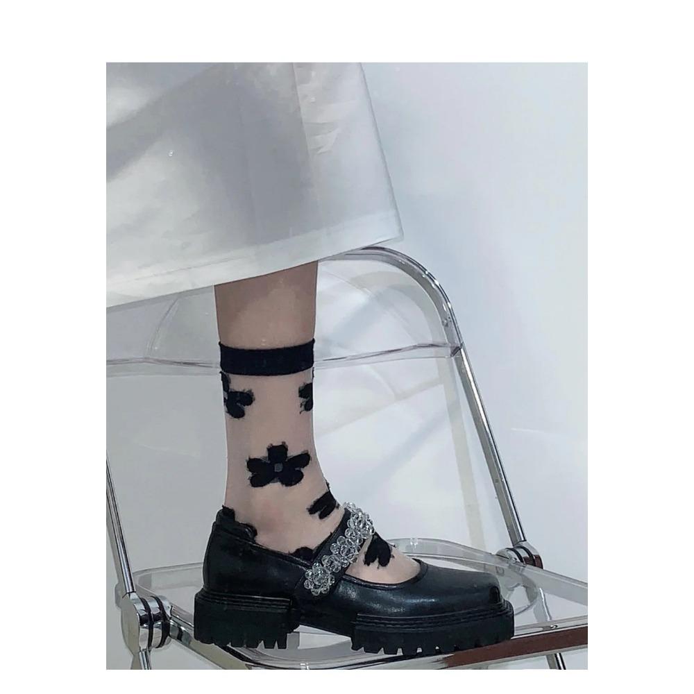 New Korean Version Crystal Silk Ins Hyunya Style Flower Medium Tube Socks Crystal Glass Silk Love Stacking Socks Thin Socks