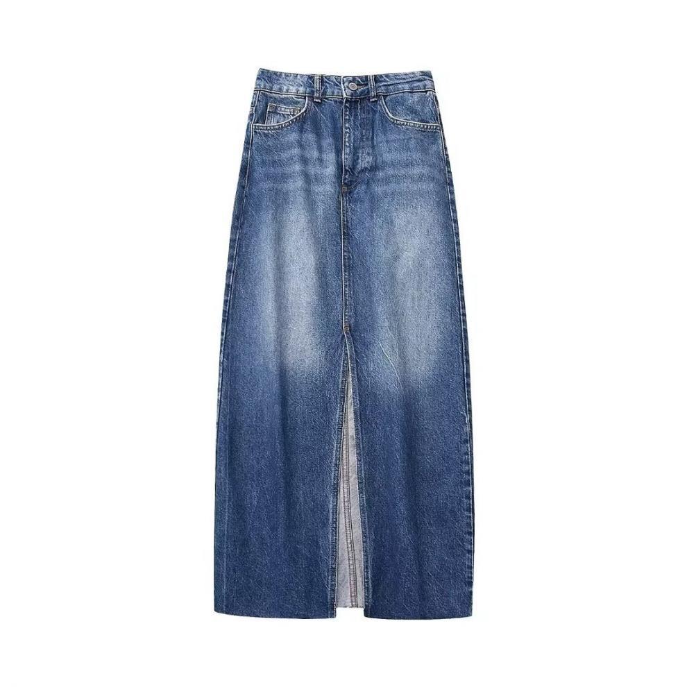 European & American Women's High-Waist Denim Midi Skirt with Slit Design for Summer 