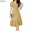 ZANZEA Women Casual V-Neck Short Sleeve Elegant Ruffles Hem Dress