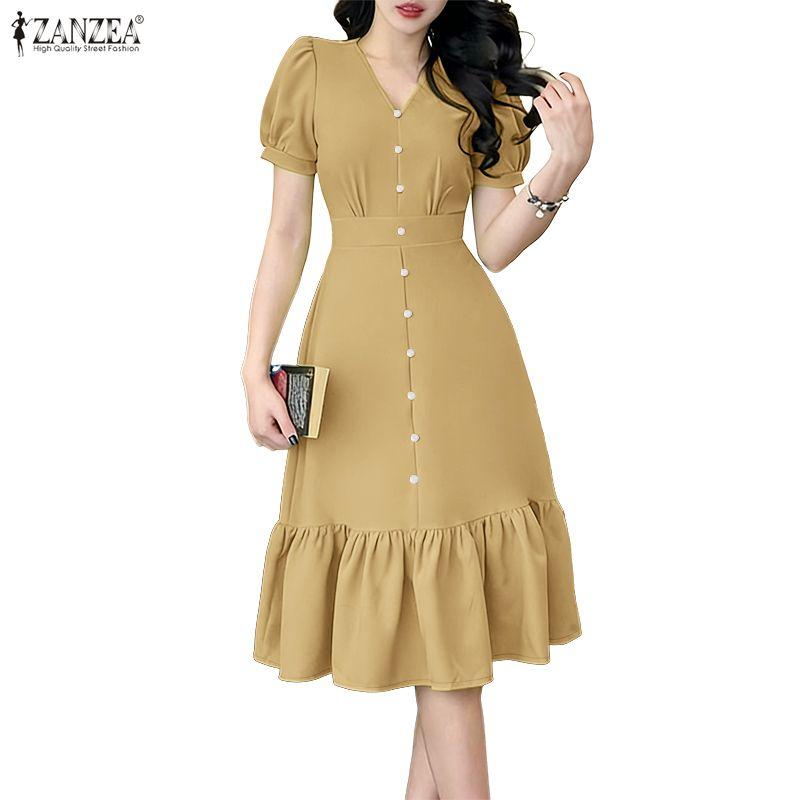 ZANZEA Women Casual V-Neck Short Sleeve Elegant Ruffles Hem Dress