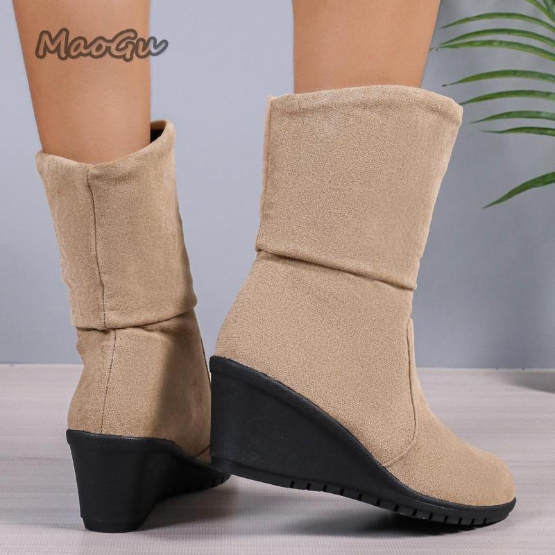 Fashion Women's Round Toe Short Boots Autumn Winter New Leopard Slip-On Ankle Booties Pleated Wedge Botines Para Mujeres Size 35-40