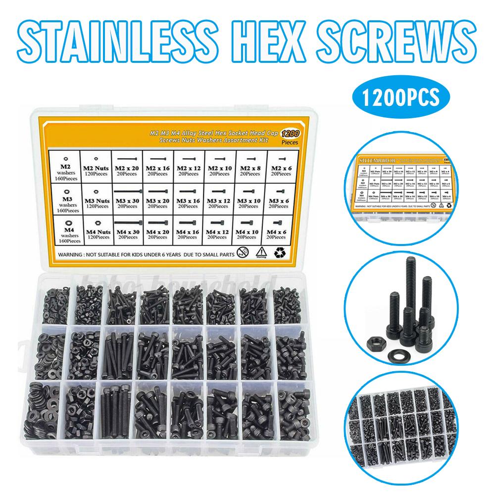 

PDTO 1200 шт. M2 M3 M4 Ассортимент шестигранных винтов и гаек из нержавеющей стали, комплект шайб