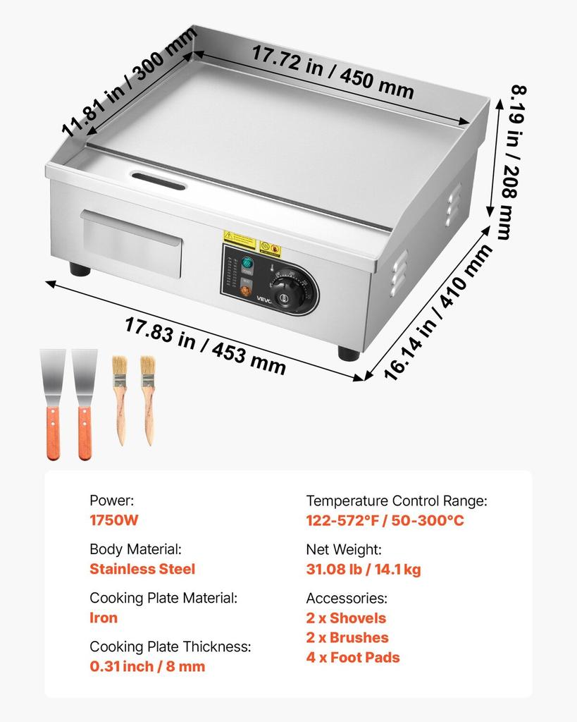 Commercial Electric Griddle, 450 x 300 mm, 2800W, 50-300°C Adjustable Temp Control, Stainless Steel Countertop Flat Top Grill with 2 Spatulas, 2