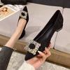 Low heel black professional thick heel single shoes women's spring 2025 new temperament pointed head shallow mouth rhinestone flat shoes