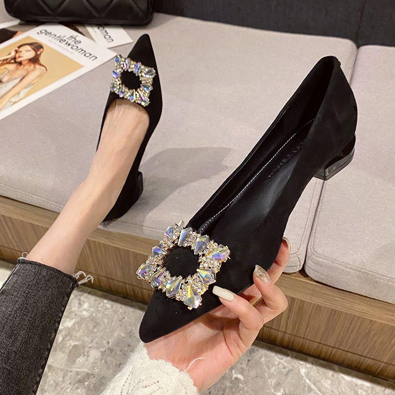 Low heel black professional thick heel single shoes women's spring 2025 new temperament pointed head shallow mouth rhinestone flat shoes