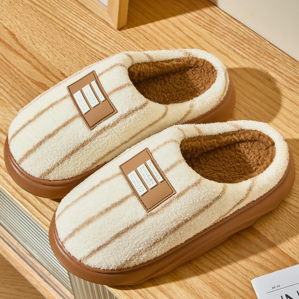 Striped Cotton Slippers Autumn and Winter New Indoor Home Non-slip Thick Bottom Velvet Warm Advanced Couple Cotton Mop