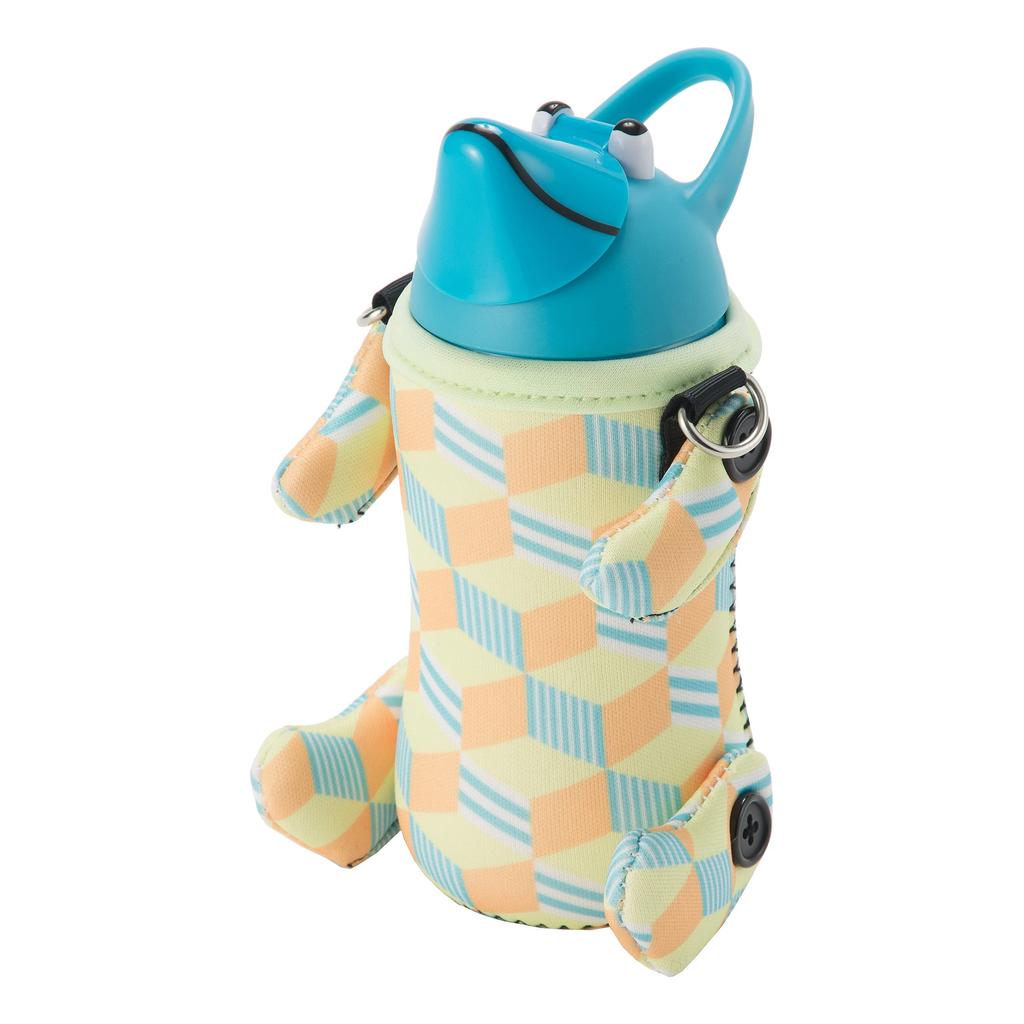 THERMOBECHER Edelstahl-Wasserflasche mit 5155ALF „Tierflasche“ Strohhalm, 380 ml, Blau/Würfel Gelb,
