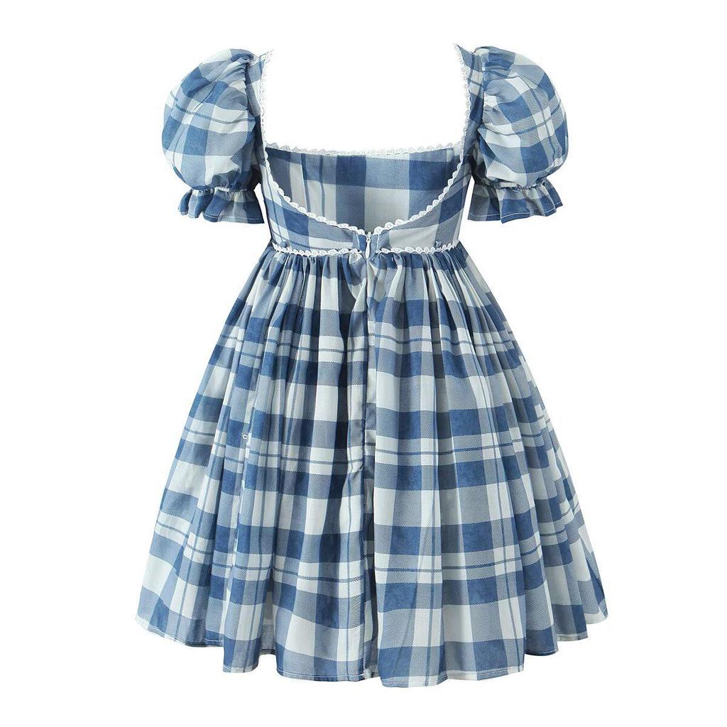 French Summer Plaid Puff Dress with Bow Tie and Short Sleeves