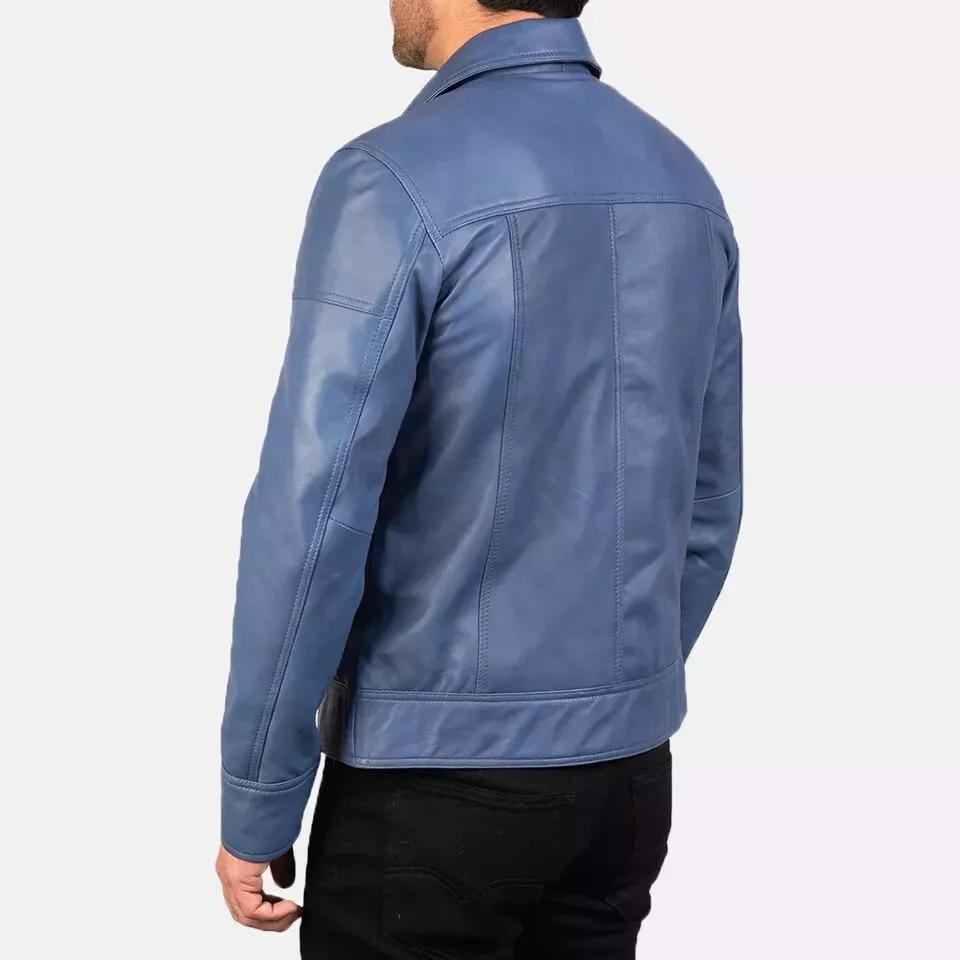 Lambskin Soft Stylish Men Jacket Blue Genuine Lambskin Real Leather Handmade