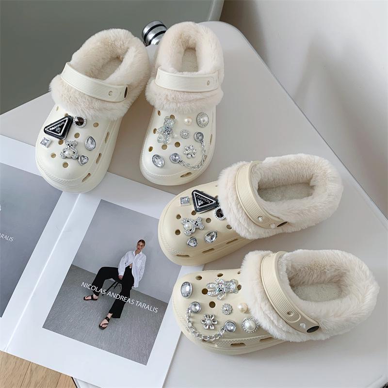 Women's Fleece-Lined Detachable Cotton Slippers - Autumn/Winter Fur Shoes with Hole Design