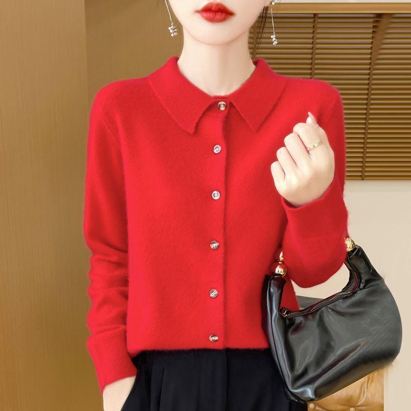 Spring Autumn Women's Wool Cardigan Solid Color Polo Collar Knitted Cardigan Long Sleeve Slim Fit Stretch Wool Cardigan