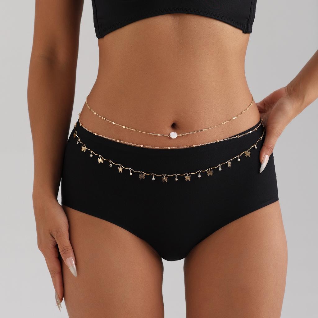 European and American summer sexy multi-layer metal waist chain, fashionable fringed butterfly rhinestone flower body chain