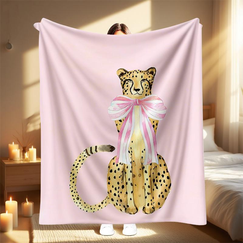 1Pc Women'S Cheetah Print Blanket - Soft Pink With Cheetah Face & Spots, All-Season Cozy Throw For Couch, Bed, Travel, Camping -