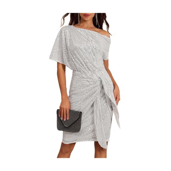 Women's Sexy Sequins Bodycon Dress Glitter One Shoulder Ruched Mini Dress Sparkly Cocktail Party