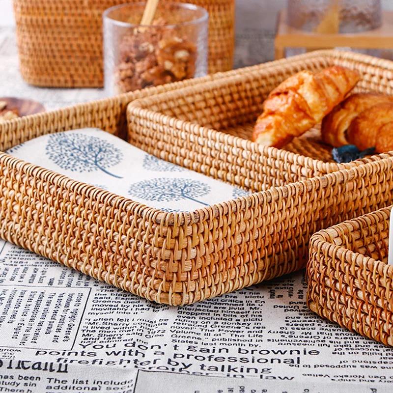 Dessert Tray Plant Basket Handmade Rattan Basket Rattan Storage Box Snack Bread Fruit Food Breakfast Table Display Tray